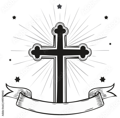 Stylized Cross with Light Rays and Stars Religious Symbol Christianity Faith Hope Ribbon Banner Artistic Design