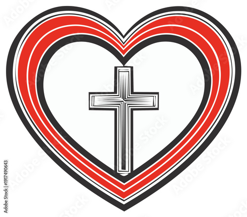 Christian cross centered inside a stylized heart outline with red and black rings