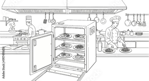 Chefs prepare food in a bustling professional kitchen with equipment