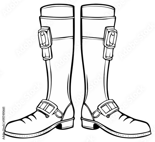 Tall Leather Boots with Buckles Line Art Drawing