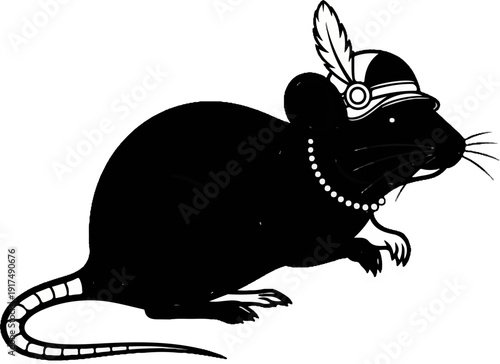 Dapper black mouse adorned with a feathered cap and pearls