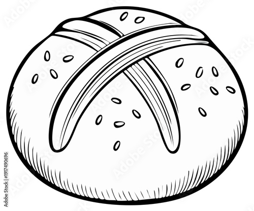 Detailed Sketch of a Round Bread Roll With a Cross Cut on Top