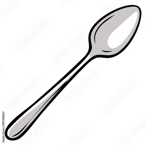 A simple cartoon vector illustration of a classic silver metal spoon kitchen utensil for dining