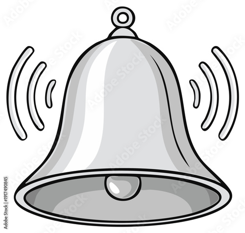 Cartoon illustration of a ringing bell with sound waves, monochrome design
