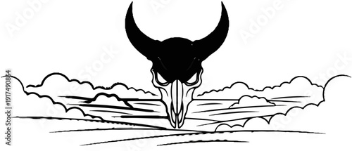 Dark bull skull with horns over a cloudy, line-drawn landscape