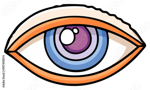 Cartoon eye illustration with blue, purple, and orange colors