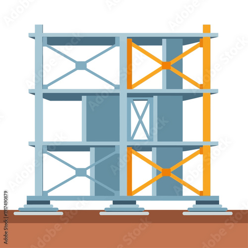 Building structure in a construction site, showcasing scaffolding and foundation with ground
