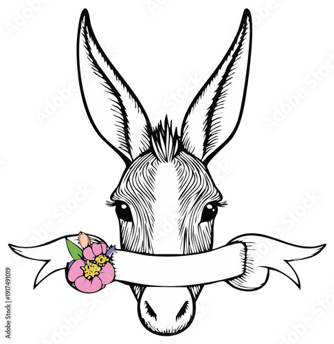 Cute donkey head illustration in a vintage line art style with a blank banner and colorful flower