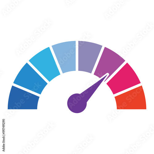 Colorful gauge meter with a needle on a white background icon