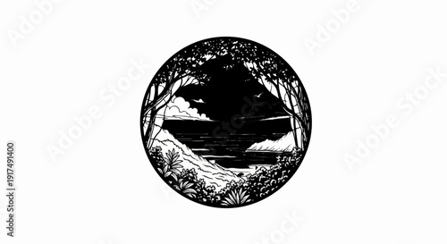 Dark framed circular landscape of a serene sea with hills and trees