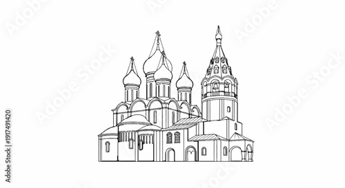 Black and white line drawing of a complex, multi-domed religious structure