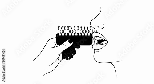 Close-up of a hand holding a dental shade guide near an open mouth