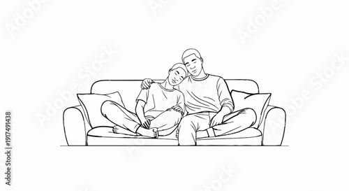 Couple resting on sofa, one with head on other's shoulder, peaceful