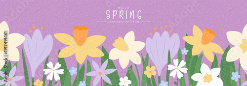 Spring seamless pattern template. Trendy aesthetic floral background with spring blooming flowers crocuses, daisies, narcissus. Nature-inspired vector illustration for cover, branding, holiday ads.