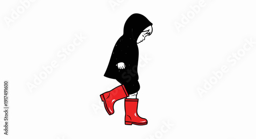 Child in black hooded coat and red boots walks alone