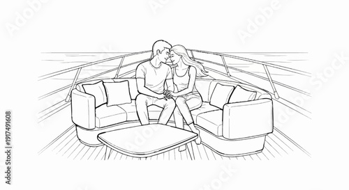Couple sharing an intimate moment on a yacht deck with water background