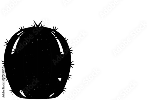 Black silhouette of a round, spiky desert plant on a white background