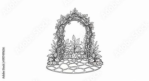 Black and white line drawing of a floral garden arch with a stone pathway