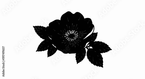 Black silhouette of a rose with petals and leaves