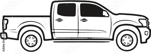 Black and white line drawing of a four-door pickup truck, viewed from the side