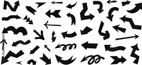 Black arrow pattern on white background with mixed curved and straight directions. Dynamic directional symbol design for infographic, navigation, and modern graphic projects. Abstract seamless arrow 