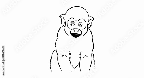 Black and white line drawing of a furry primate with wide eyes
