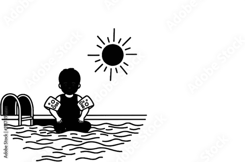 Child with arm floaties sits in a swimming pool under a sunny sky