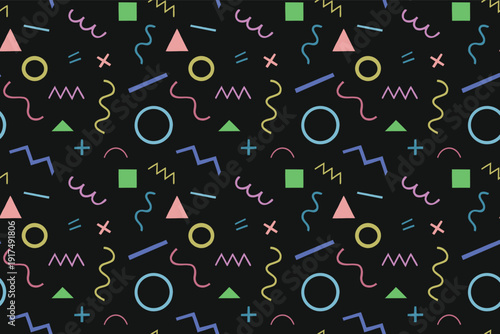 Colorful geometric Memphis pattern on black background with playful shapes and lines. Retro 80s style abstract design for trendy wallpaper, textile, and digital projects. Vibrant seamless pattern art.