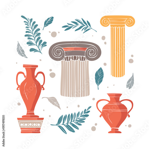 Ancient Greek artifacts and leaves arranged in a decorative pattern, showcasing vases, columns, and architectural elements in a stylized illustration