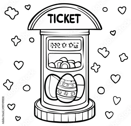 Whimsical Ticket Machine Dispensing Decorated Easter Eggs Surrounded by Hearts and Stars