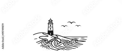 Black and white line drawing of a lighthouse on a rocky shore with crashing waves and birds