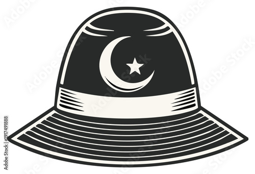 Islamic culture symbol: Decorative design of muslim hat, crescent moon and star emblem isolated on white, symbolic apparel.