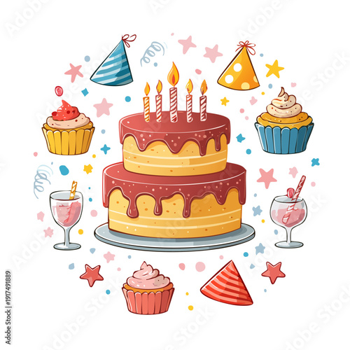 Vibrant birthday cake surrounded by cupcakes and party hats on a festive table illustration