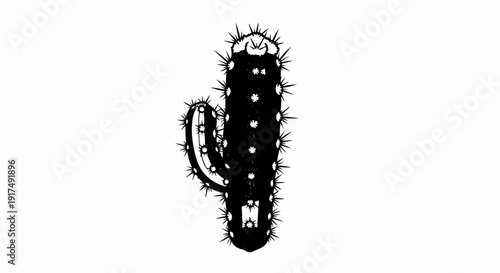 Black silhouette of a spiky cactus with a single arm on a white background