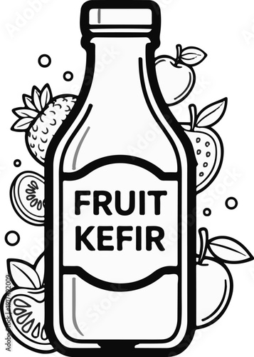 Bottle of fruit kefir surrounded by apples, pineapple, and citrus slices