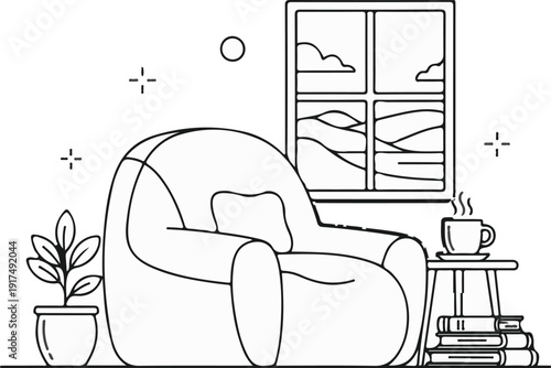 Cozy armchair by a window with a steaming cup of coffee and books