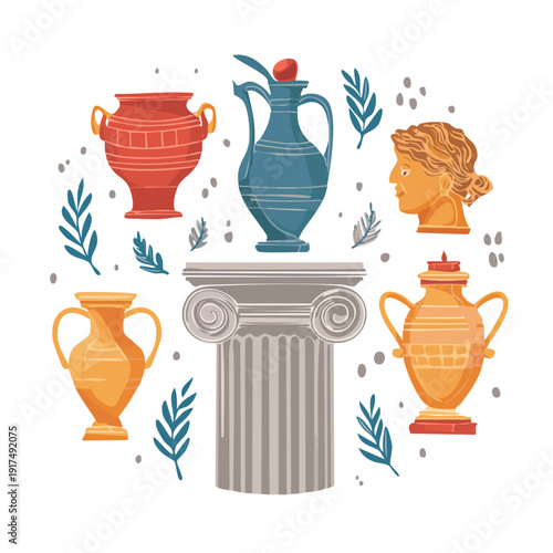 Ancient Greek artifacts and vases arranged around a marble column illustration