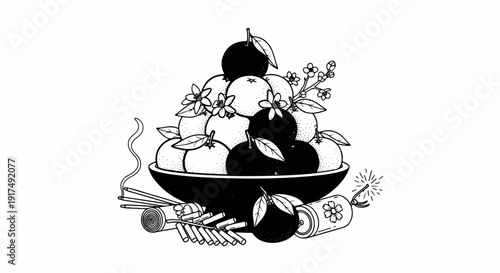 Bowl overflowing with citrus fruits, flowers, incense, and firecrackers