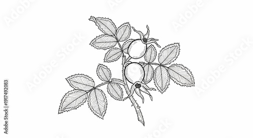 Botanical illustration of rose hips and serrated leaves on a white background