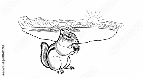 Chipmunk enjoys a nut in front of a scenic lake and mountain landscape at sunrise