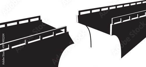 Broken Bridge Silhouette with Deep Gap and White Background