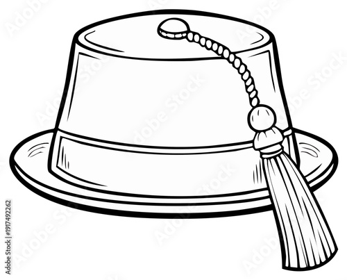 Traditional Fez Hat with Tassel Outline Drawing