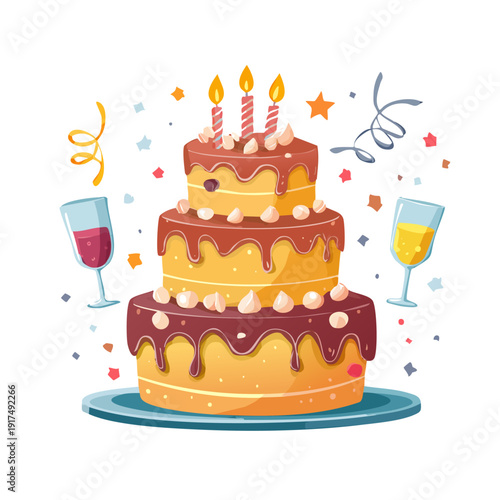 Celebratory three-tiered cake with candles and champagne glasses on a festive occasion