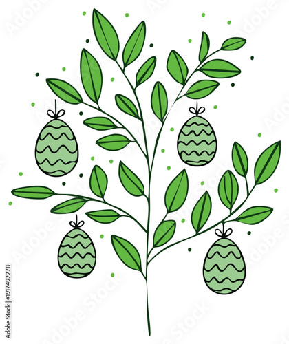 Decorative branch adorned with Easter eggs and lush green leaves against a simple background for springtime celebrations