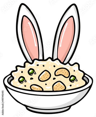 Festive bowl of rice with peas and croutons, decorated with bunny ears for holiday celebration and cheerful vibe