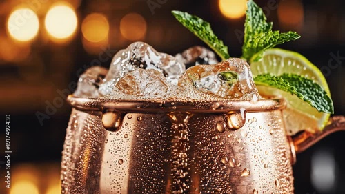 Refreshing Moscow Mule Cocktail with Ice and Lime Garnish.