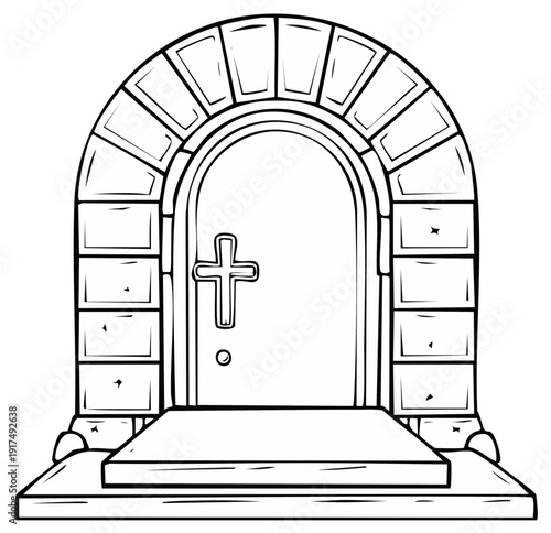 Arched Stone Doorway with Christian Cross Handle Black and White Vector Line Art