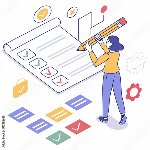 A woman is using a large pencil to fill out a form with checklist