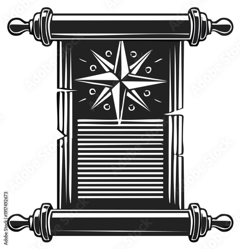 Vintage scroll with a nautical star illustration reveals text. Parchment paper style for map design or antique-themed project with retro vibe