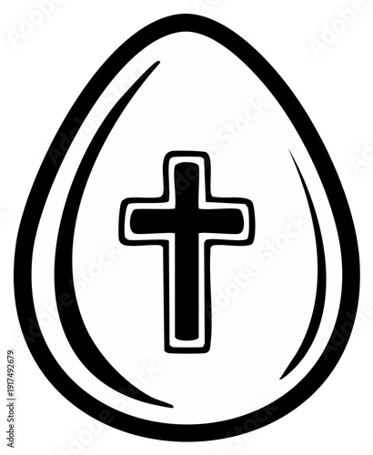 Black and white Easter egg with a Christian cross inside a religious line art illustration